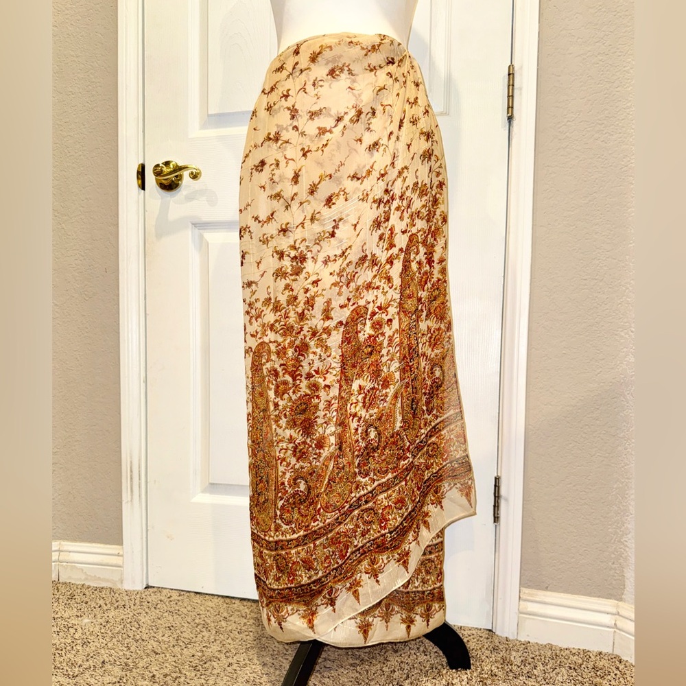 EMANUEL Emanuel Ungaro Boho Brown Beige Silk Paisley Wrap Maxi Skirt S - Vintage